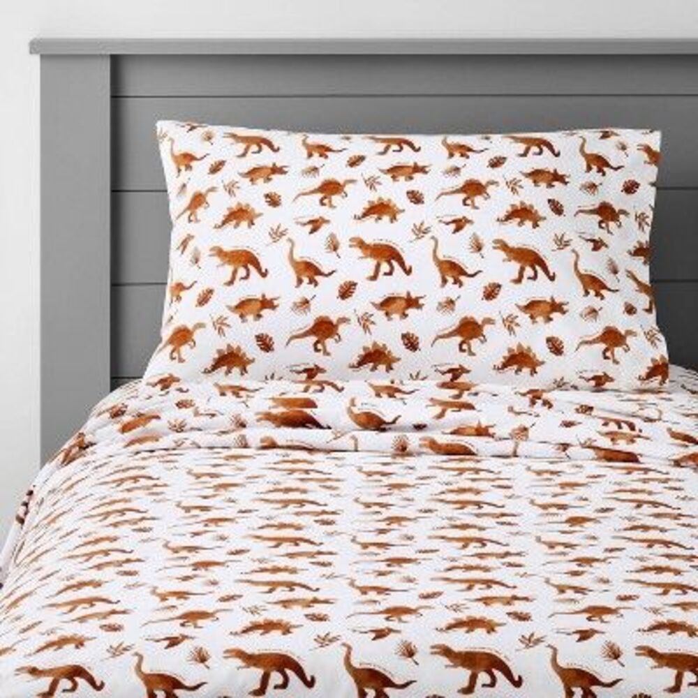 Pillowfort White and Brown Dinosaur Toddler Sheet Set